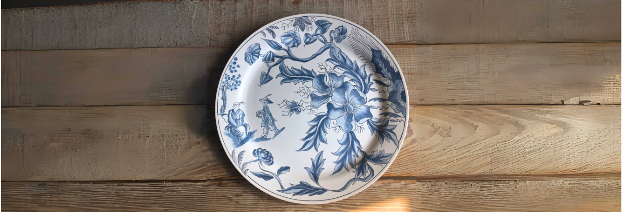 Handmade Chinoiserie Serving platter with blue hand painted decor by Bourg-Joly Malicorne