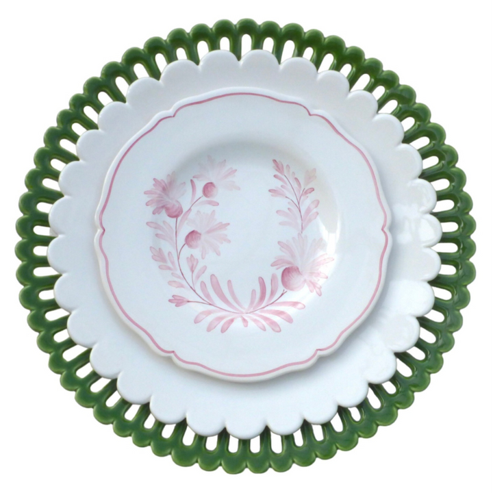Scalloped edge Feston Plate with Antique Flower wreath decoration in pink shown with a white Chevet Pleine plate and a Bourg-Joly openwork plate in green