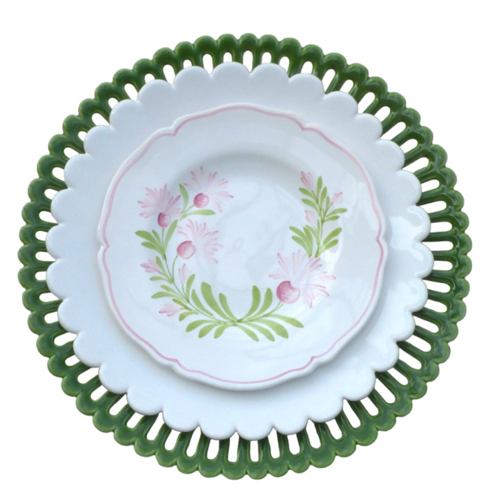Scalloped edge Feston Plate with Antique Flower wreath decoration in pink and green shown with a white Chevet Pleine plate and a Bourg-Joly openwork plate in green