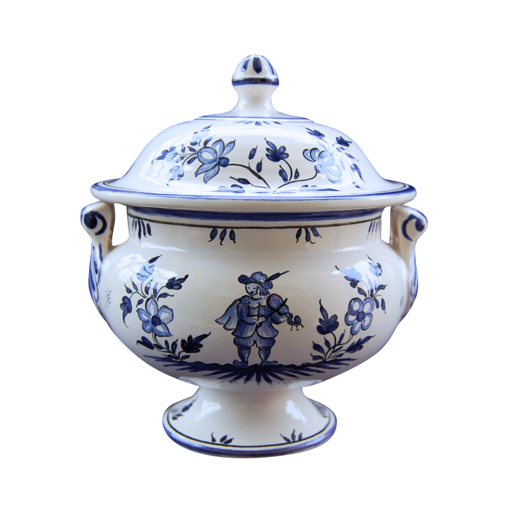 Antique style lidded soup tureen with Moustiers Grotesque monochrome blue decoration