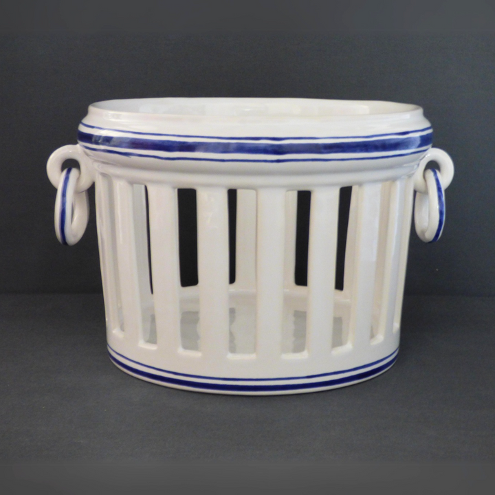 Openwork Empire planter with rings and blue hand painted line detail
