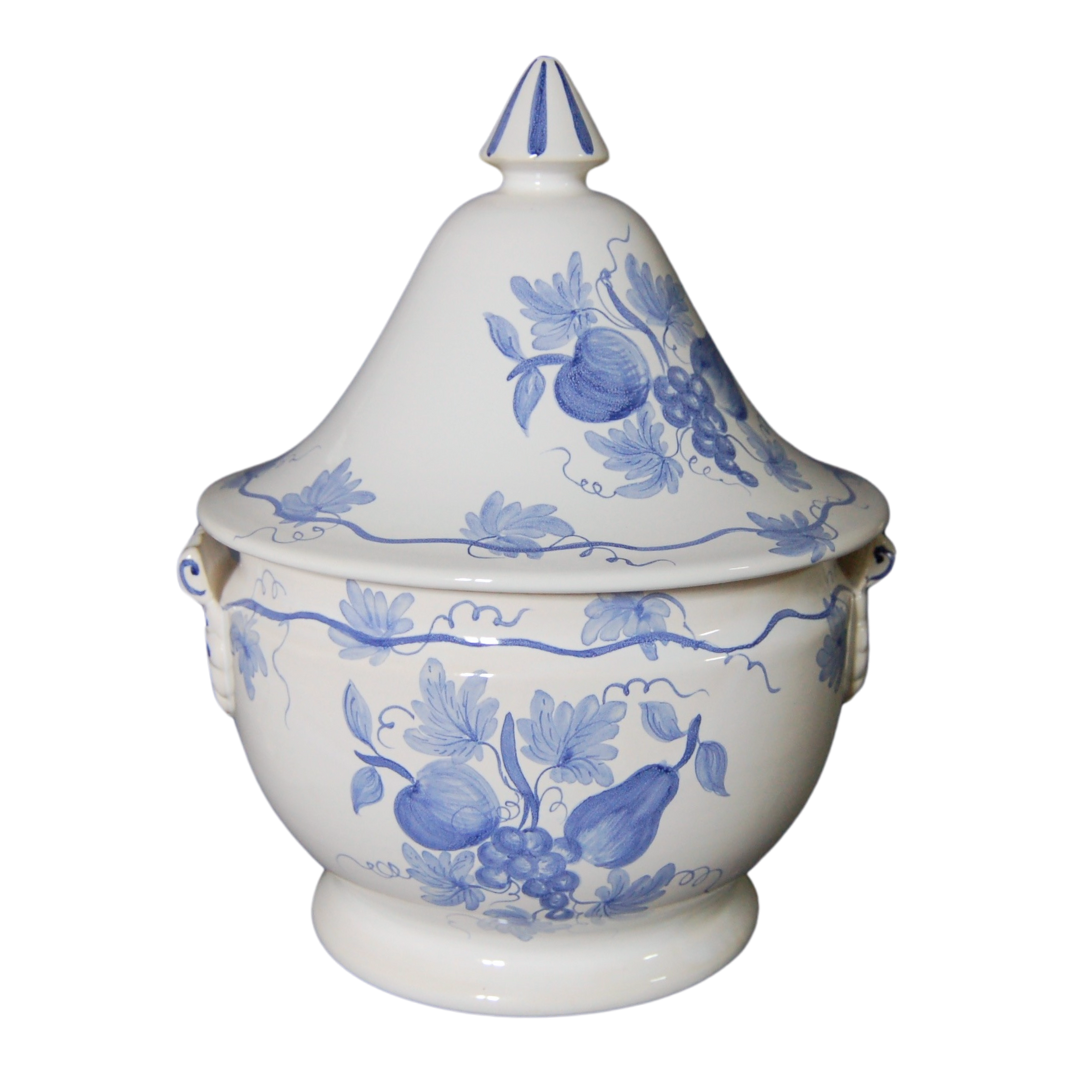 Round lidded soup dish with a foot with blue Belle Hélène hand painted decoration