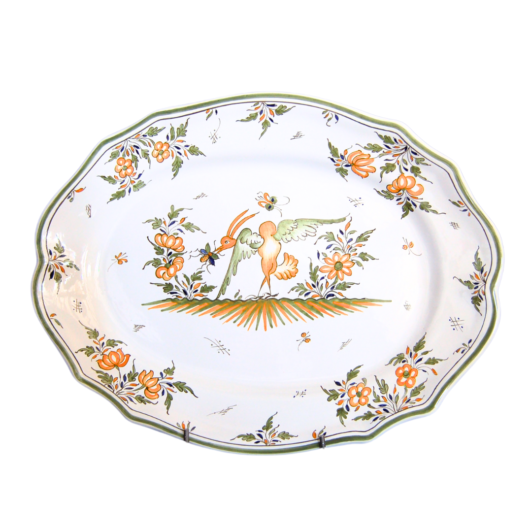Scalloped Edge Oval Feston serving plate with Moustiers bird and flowers decor