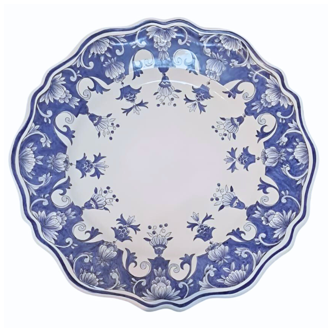 Scalloped Edge Round Feston Pouplard serving plate with blue Rouen elaborate decor