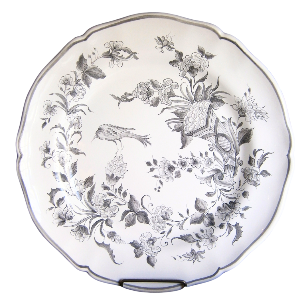 Scalloped Edge Round Feston serving plate with elaborate Rouen Cornucopia Bird monochrome grey decor
