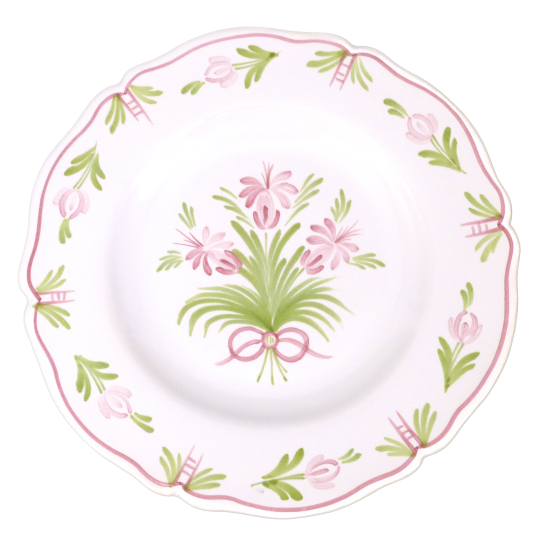 Scalloped edge Feston plate with hand painted Antique Flower 94 and leaf border motif in pink and green