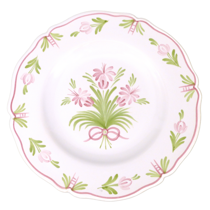 Scalloped edge Feston plate with hand painted Antique Flower 94 and leaf border motif in pink and green