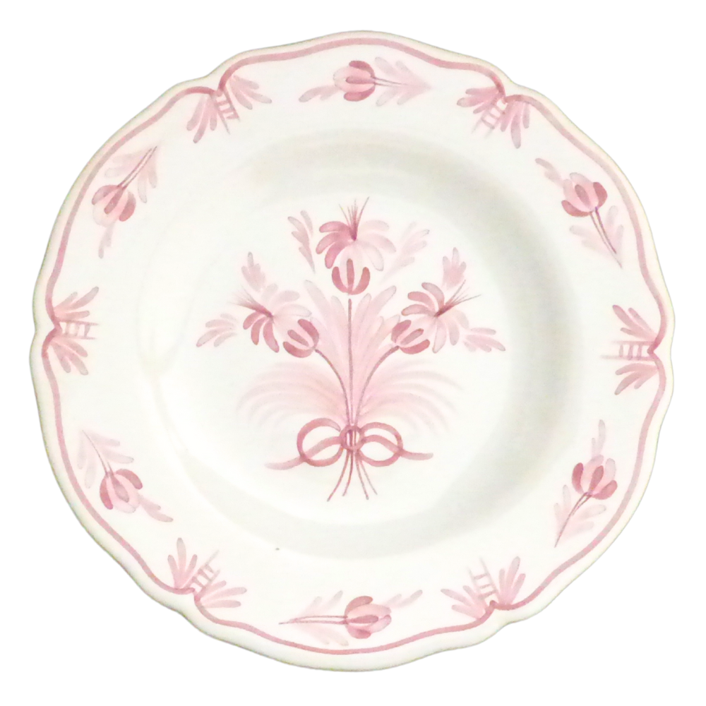Scalloped edge Feston plate with hand painted Antique Flower 94 and leaf border motif in pink monochrome