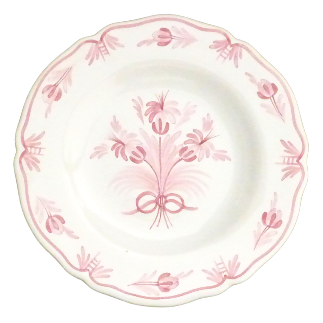 Scalloped edge Feston plate with hand painted Antique Flower 94 and leaf border motif in pink monochrome
