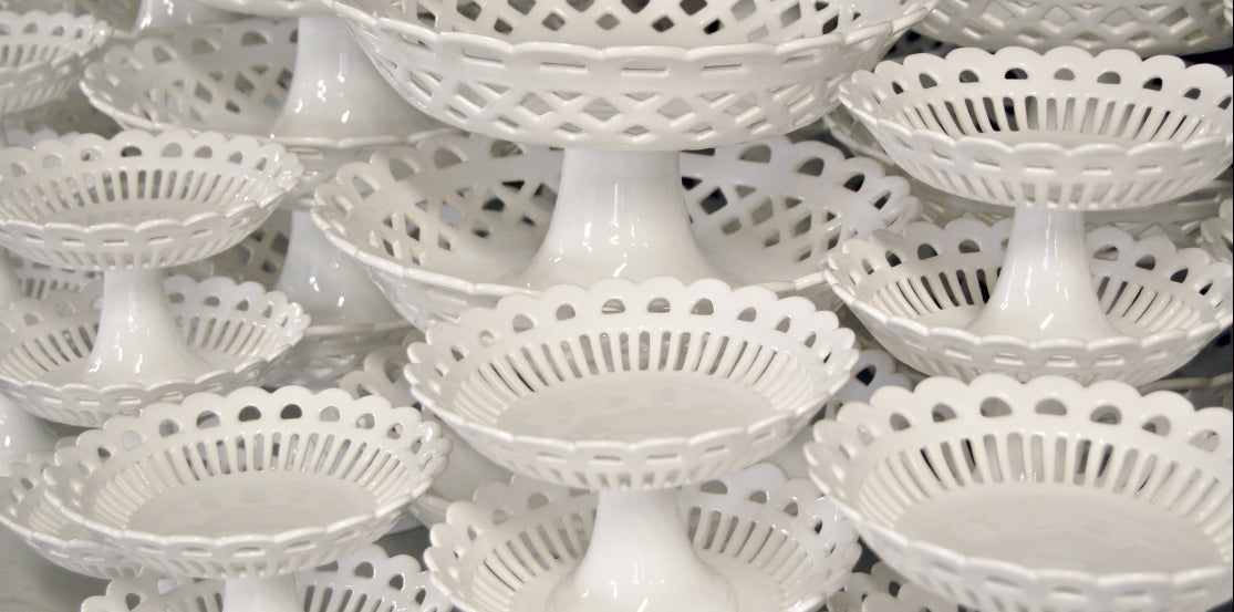 Handmade ceramic earthenware lace baskets by Bourg-Joly Malicorne