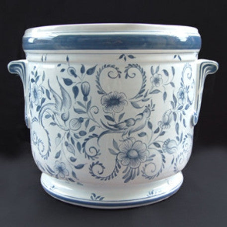 Antique ceramic planter with hand painted blue