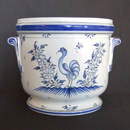 Antique ceramic planter hand painted blue Moustiers bird