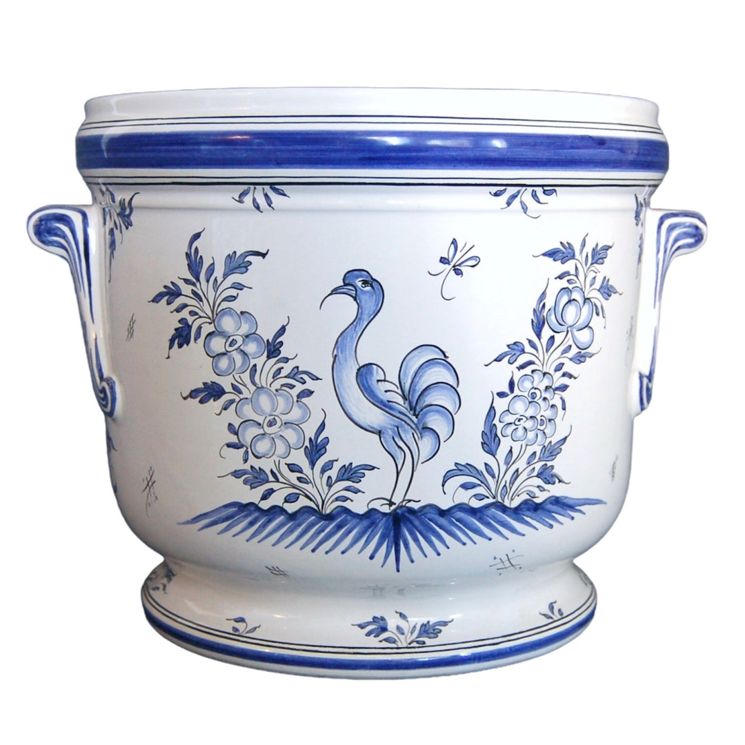 Antique handles planter with hand painted blue Moustiers Bird decoration