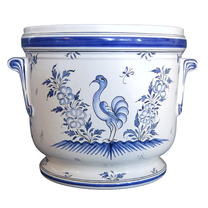 Antique handles planter with hand painted blue Moustiers Bird decoration