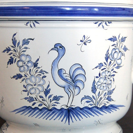 Antique ceramic planter hand painted blue Moustiers bird close up view