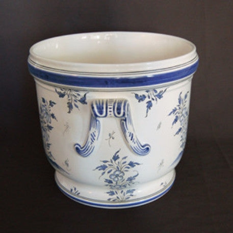 Antique handles planter with hand painted blue Moustiers Bird decoration