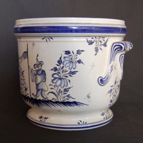 Antique handles planter with hand painted blue Moustiers Bird decoration