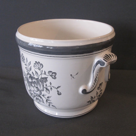 Antique hand painted ceramic planter flower motif top view