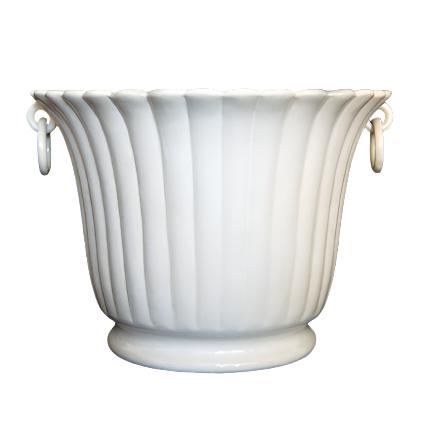 Fluted white ceramic flowerpot with rings