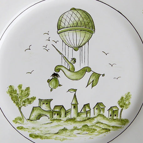 Feston plate with Montgolfière 1 Green hand painted decoration