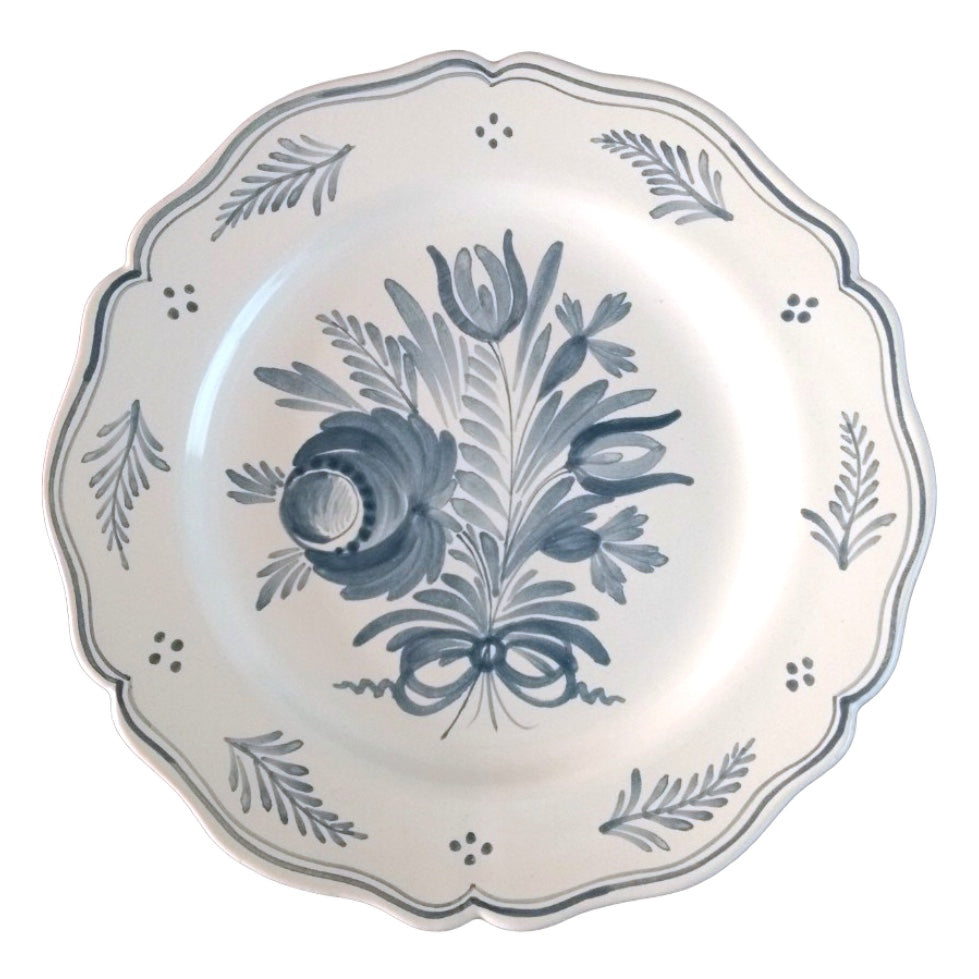 Scallop edged Feston plate hand painted Antique flowers 1 monochrome blue