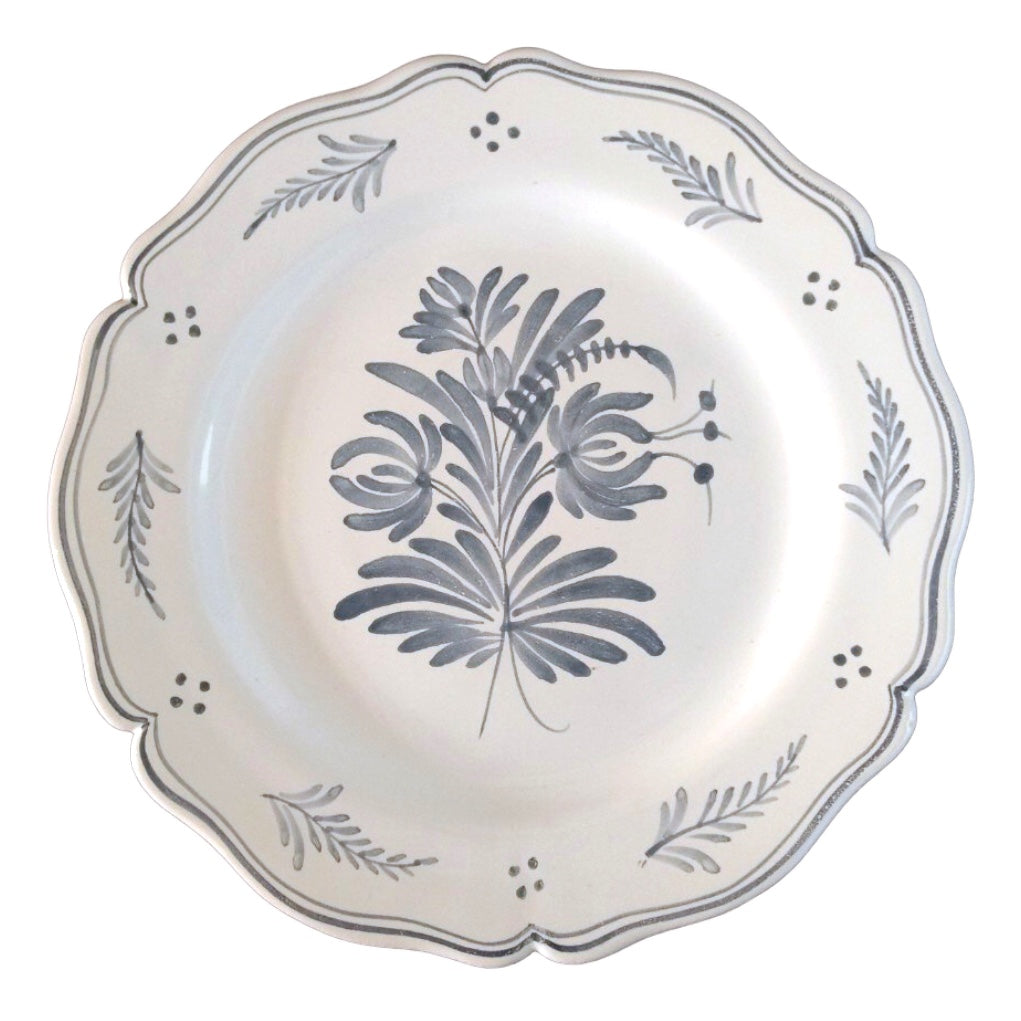 Ceramic scalloped plate hand painted Antique flowers 2 blue