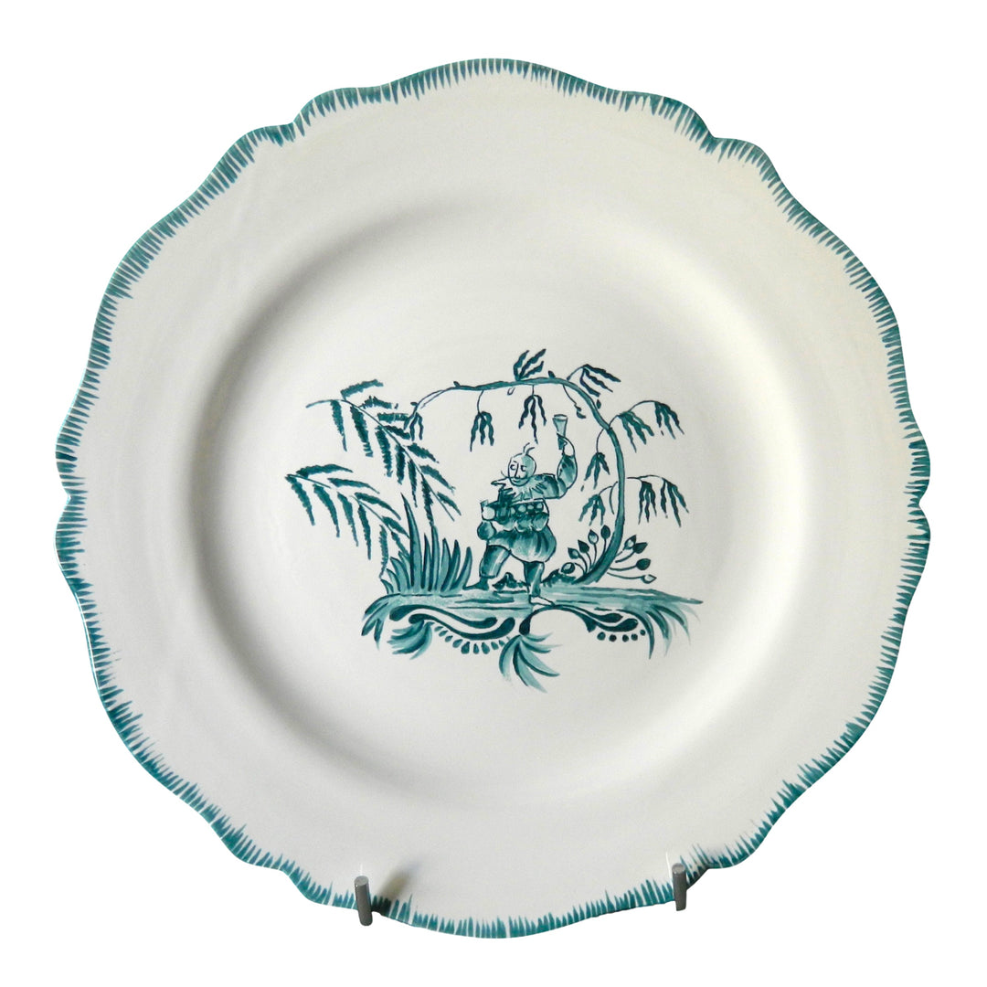 Scalloped Edge Feston plate with hand painted Chinoiserie 1 'The Merry Maker' monochrome Turquoise decoration