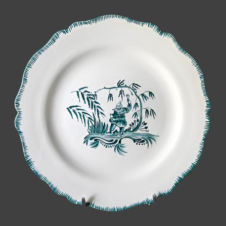 Scalloped Edge Feston plate with hand painted Chinoiserie 1 'The Merry Maker' monochrome Turquoise decorationdecoration