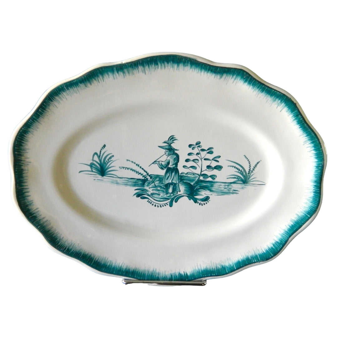Scalloped Edge Oval Feston serving plate with Chinoiserie 3 monochrome turquoise decor