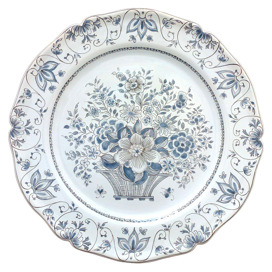 Scalloped Edge Round Feston serving plate with elaborate Delft Basket blue and grey decor