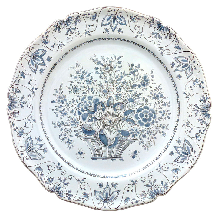 Scalloped Edge Round Feston serving plate with elaborate Delft Basket blue and grey decor