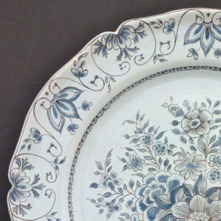 Scalloped Edge Round Feston serving plate with elaborate Delft Basket blue and grey decor