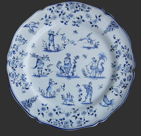 Scalloped Edge Round Feston serving plate with elaborate Moustiers monochrome blue decor