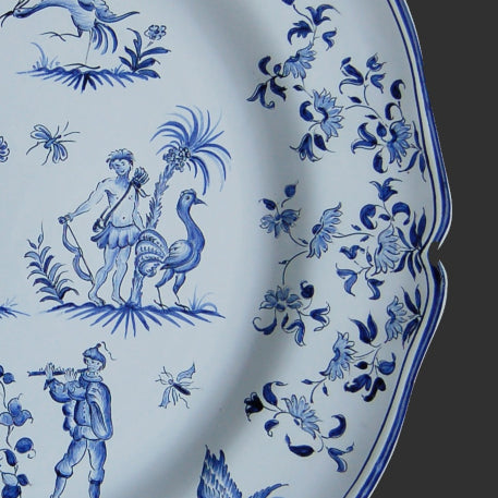 Scalloped Edge Round Feston serving plate with elaborate Moustiers monochrome blue decor