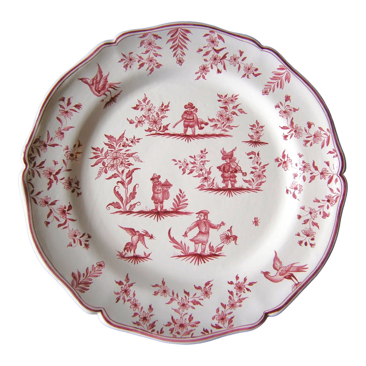 Scalloped Edge Round Feston serving plate with elaborate Moustiers monochrome raspberry decor