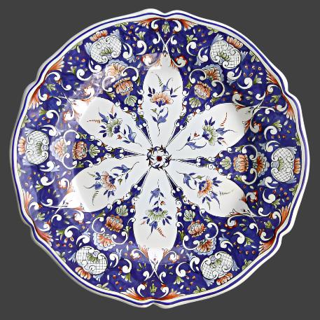 Scalloped Edge Round Feston serving plate with elaborate Rouen 1 polychrome decor
