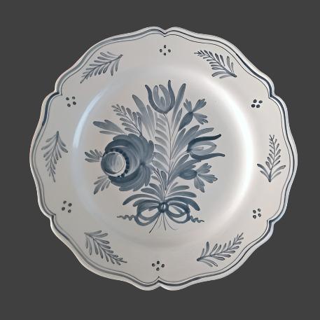 Scalloped Feston plate hand painted Antique flowers 1 monochrome blue