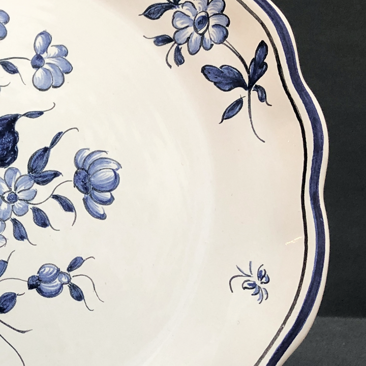 Scalloped edge Feston Louis XV deep plate with Strasbourg Flowers 1 blue hand painted decoration