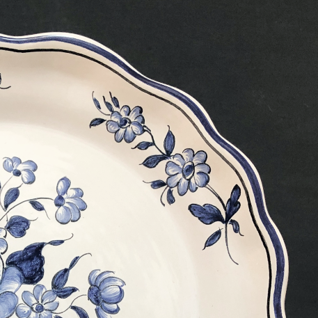 Scalloped edge Feston Louis XV deep plate with Strasbourg Flowers 1 blue hand painted decoration