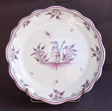 Scalloped edge Feston Louis XV deep plate with hand painted decoration Moustiers 6 violine