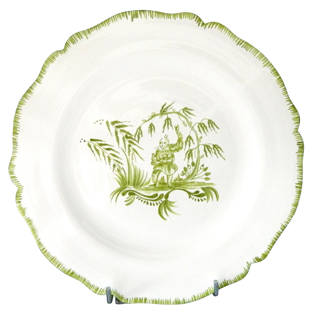 Scalloped edge Feston plate with Chinoiserie 1 'The Merrymaker' Monochrome Green decoration
