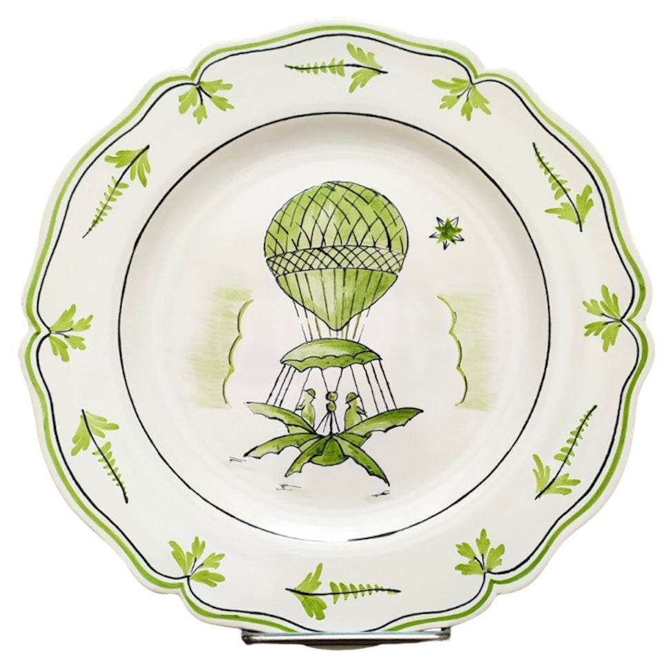 Feston plate with Montgolfière 2 Green hand painted decoration