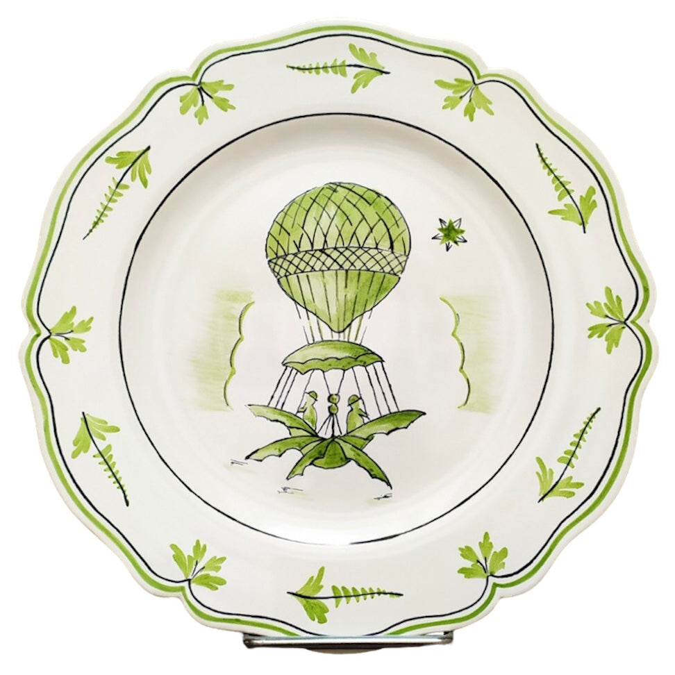 Feston plate with Montgolfière 2 Green hand painted decoration