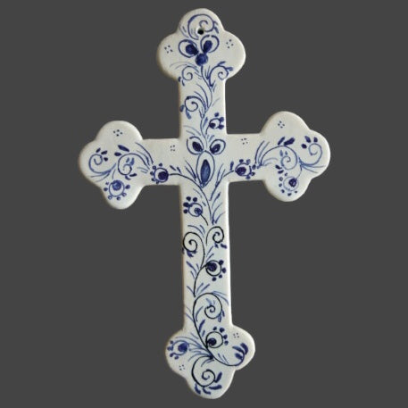 Earthenware Simple Heraldic Cross with Delft Rouen hand painted decoration