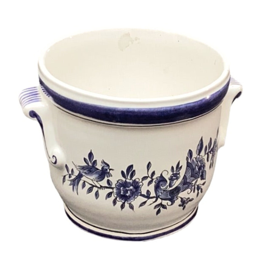Ceramic planter hand painted Rouen cornucopia blue