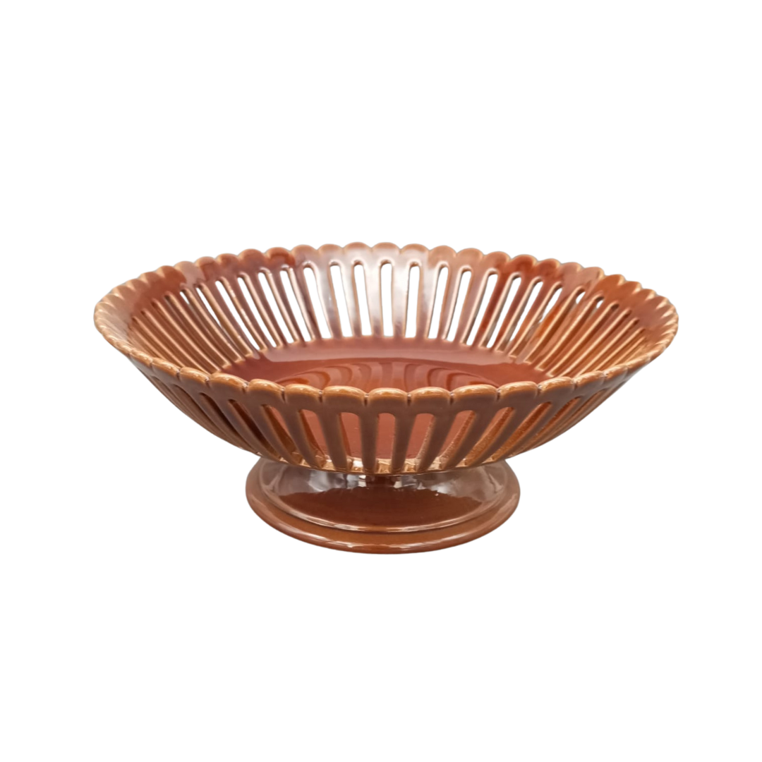 Bourg-Joly Martin straight openwork low footed fruit basket in brown glaze
