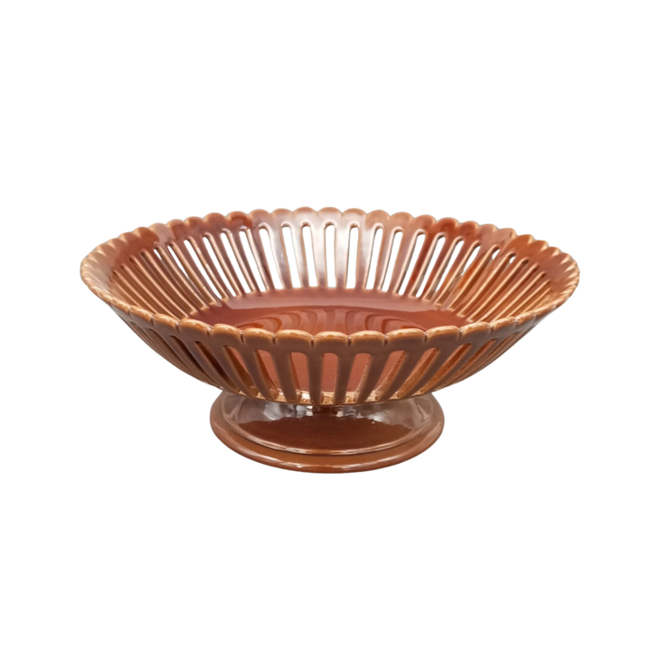 Bourg-Joly Martin straight openwork low footed fruit basket in brown glaze