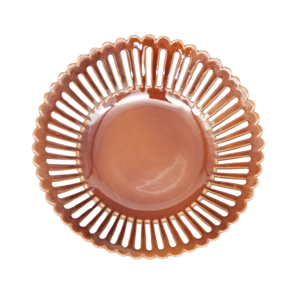 Bourg-Joly Martin straight openwork low footed fruit basket in brown glaze top view