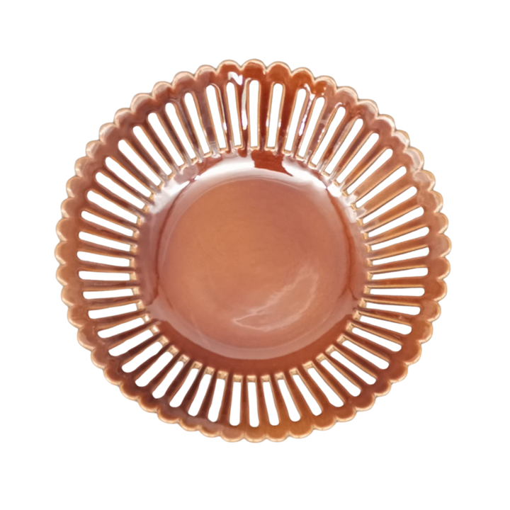 Bourg-Joly Martin straight openwork low footed fruit basket in brown glaze top view