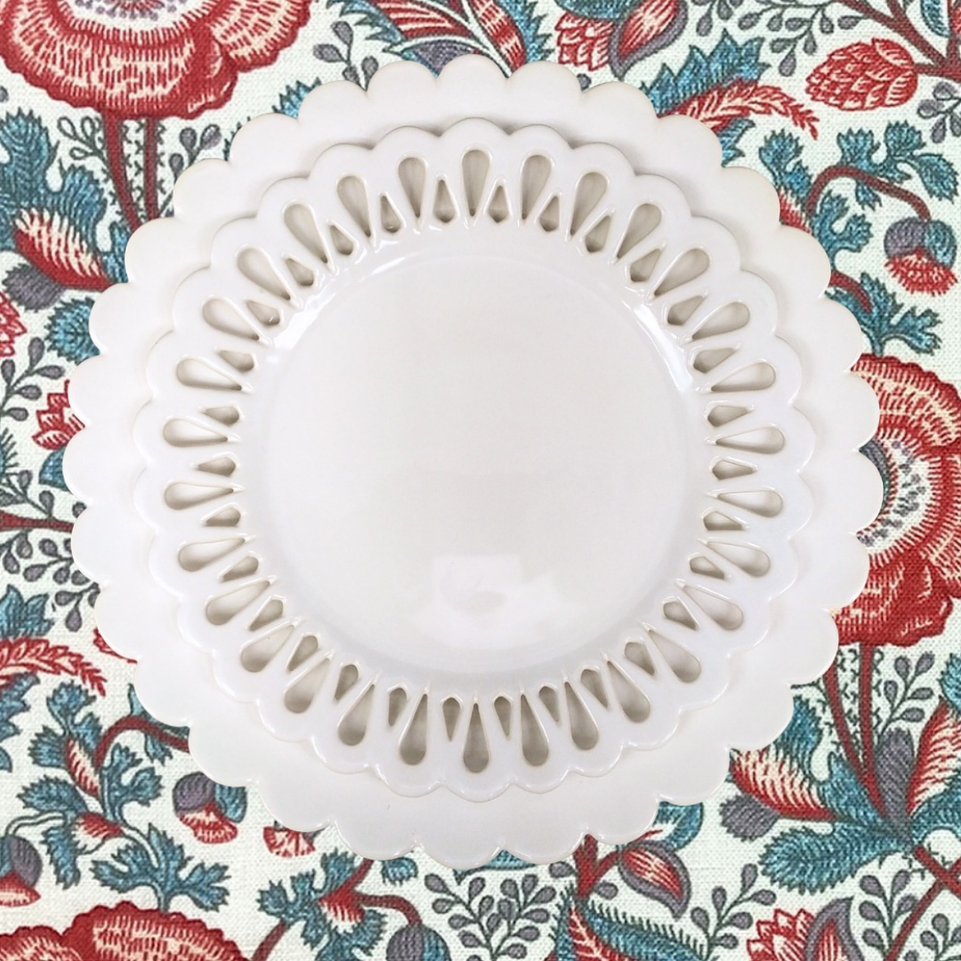 Chevet Pleine and Chevet openwork plates with fabric by The Toile Man